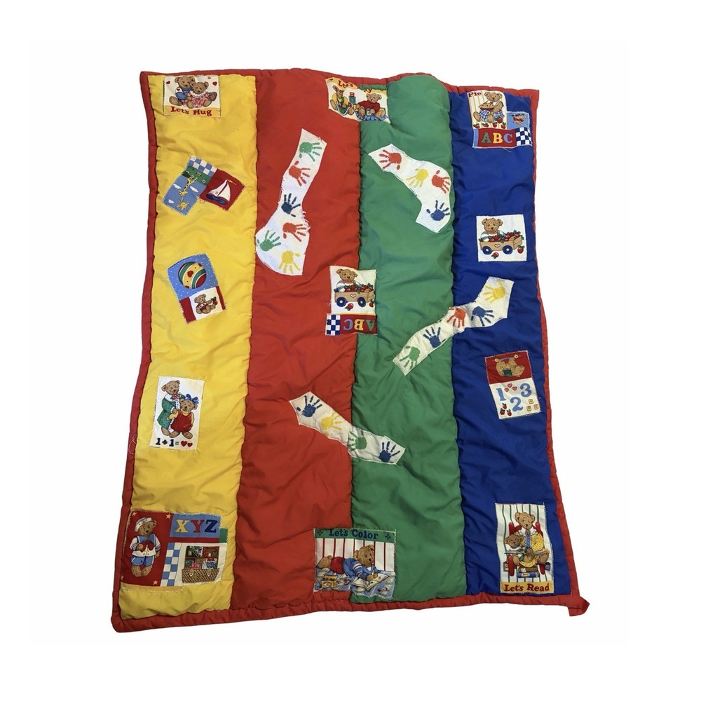 Crib Quilt Multicolor Appliqued Teddy Bears ABC Patchwork Design Vintage Y2K
